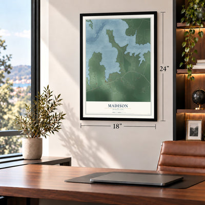 Madison, Maryland map, 18 x 24 inch print in a black frame in a home office