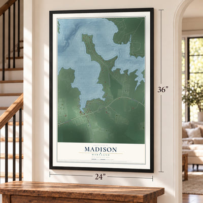 Madison, Maryland map, 24 x 36 inch print in a black frame by a staircase