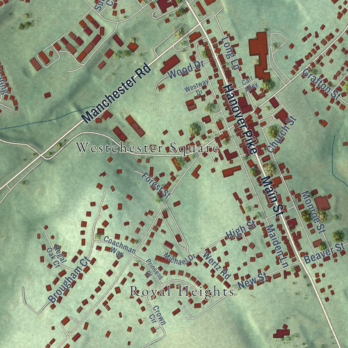 Close-up of the map of Manchester, Maryland print showing street and building detail
