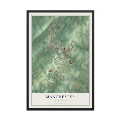 Map of Manchester, Maryland, 12 x 18 inch print in a black wood frame