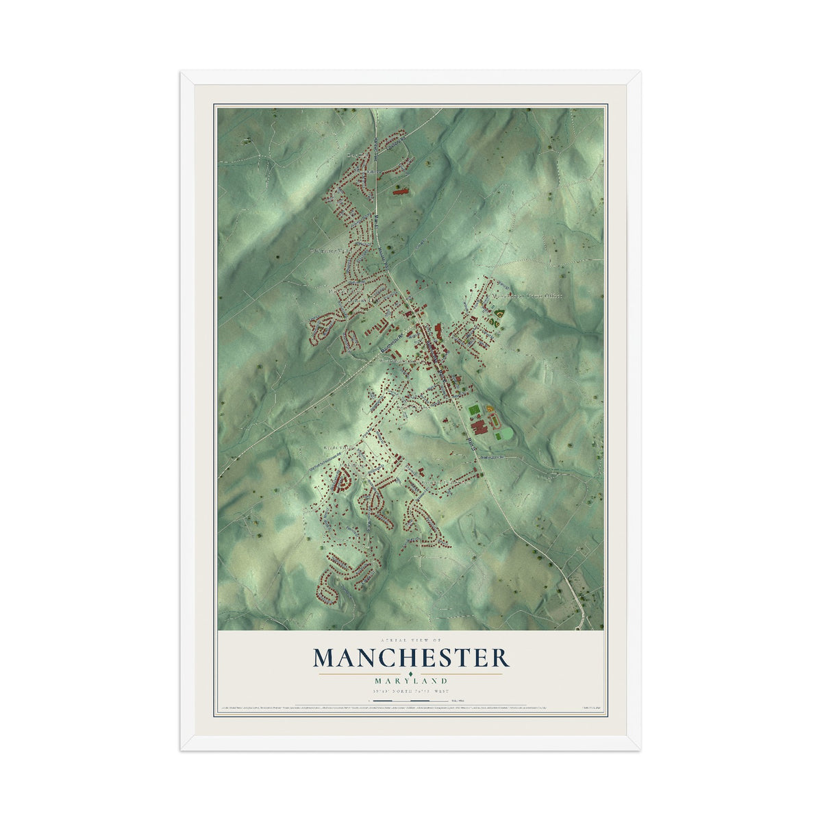 Map of Manchester, Maryland, 12 x 18 inch print in a white wood frame