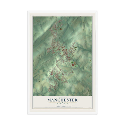 Map of Manchester, Maryland, 12 x 18 inch print in a white wood frame