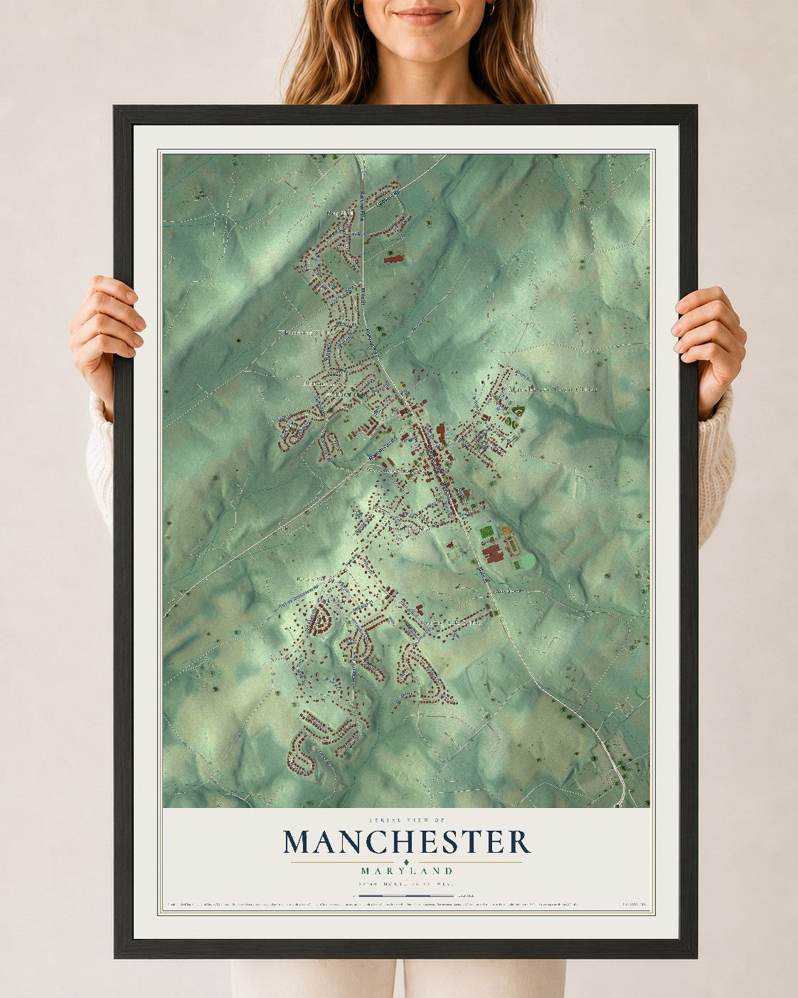 Map of Manchester, Maryland, 24 x 36 inch print in a black wood frame