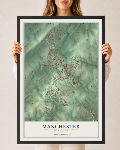 Map of Manchester, Maryland, 24 x 36 inch print in a black wood frame