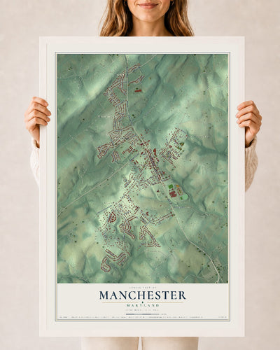Map of Manchester, Maryland, 24 x 36 inch print in a white wood frame