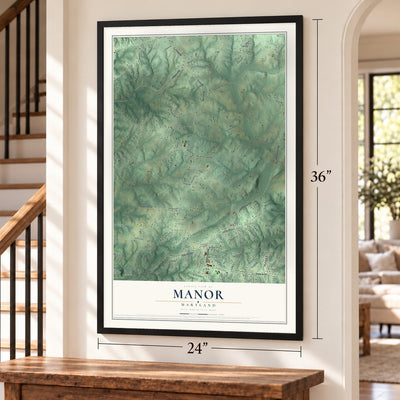 Manor, Maryland map, 24 x 36 inch print in a black frame by a staircase