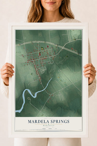 Map of Mardela Springs, Maryland, 18 x 24 inch print in a white wood frame