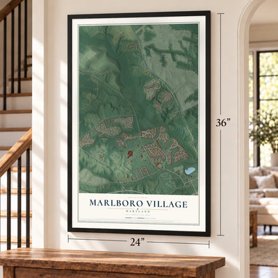 Marlboro Village, Maryland map, 24 x 36 inch print in a black frame by a staircase