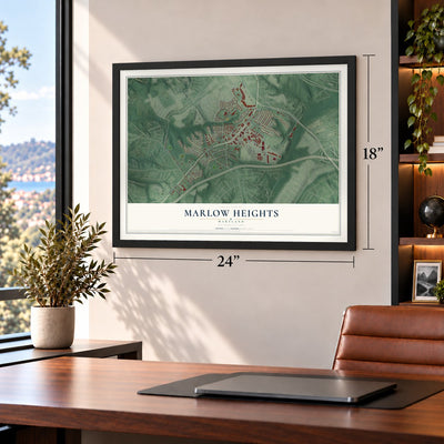 Marlow Heights, Maryland map, 18 x 24 inch print in a black frame in a home office