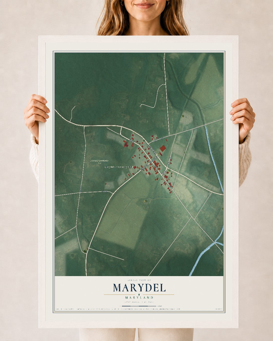 Map of Marydel, Maryland, 24 x 36 inch print in a white wood frame