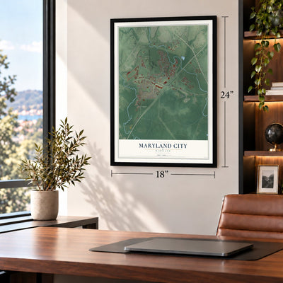 Maryland City, Maryland map, 18 x 24 inch print in a black frame in a home office