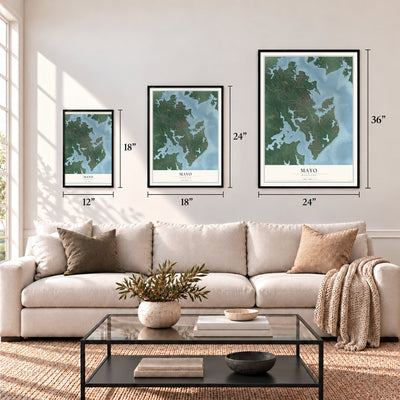 Mayo, Maryland map in 12 x 18, 18 x 24 and 24 x 36 inch sizes above a sofa