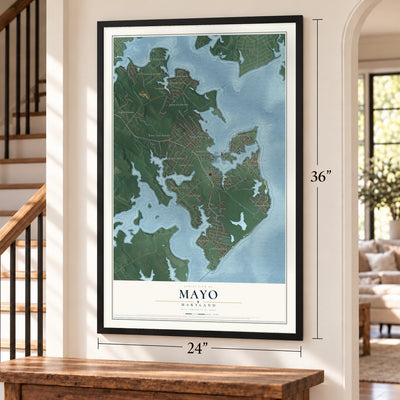 Mayo, Maryland map, 24 x 36 inch print in a black frame by a staircase