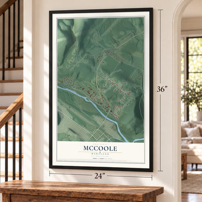 McCoole, Maryland map, 24 x 36 inch print in a black frame by a staircase