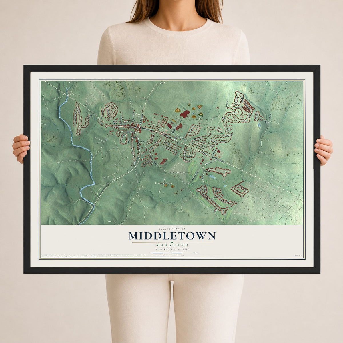 Map of Middletown, Maryland, 24 x 36 inch print in a black wood frame