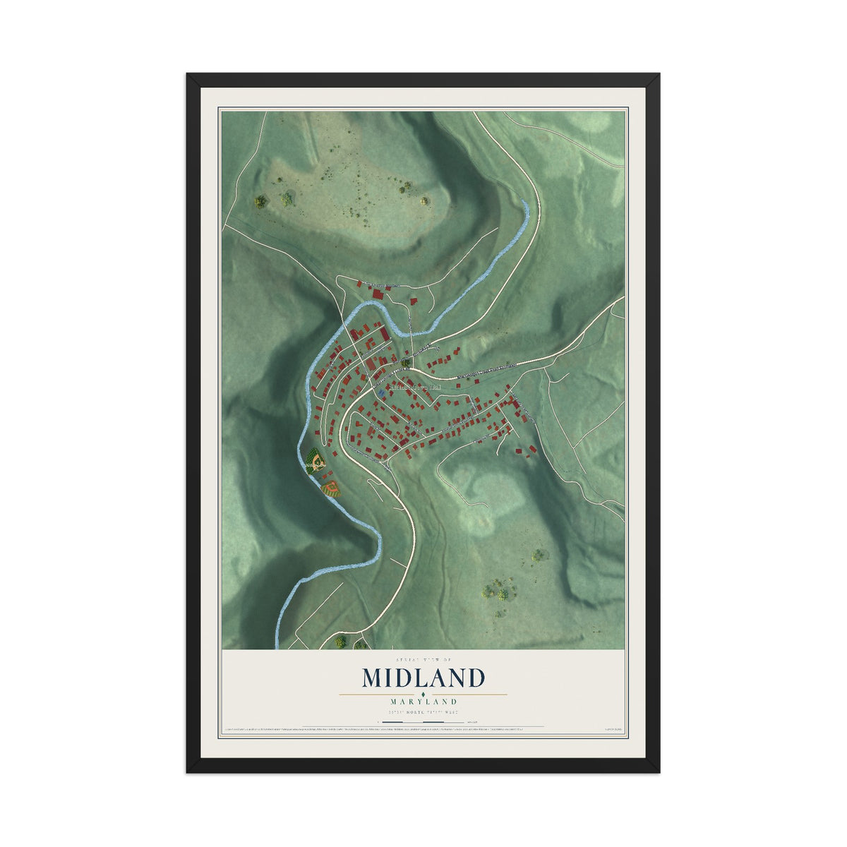 Map of Midland, Maryland, 12 x 18 inch print in a black wood frame