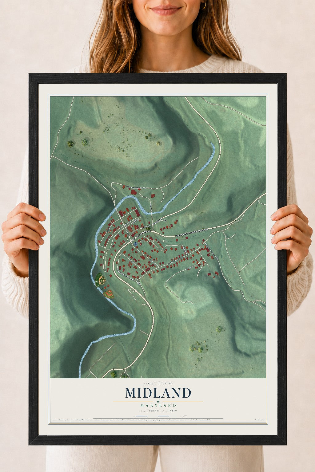 Map of Midland, Maryland, 18 x 24 inch print in a black wood frame