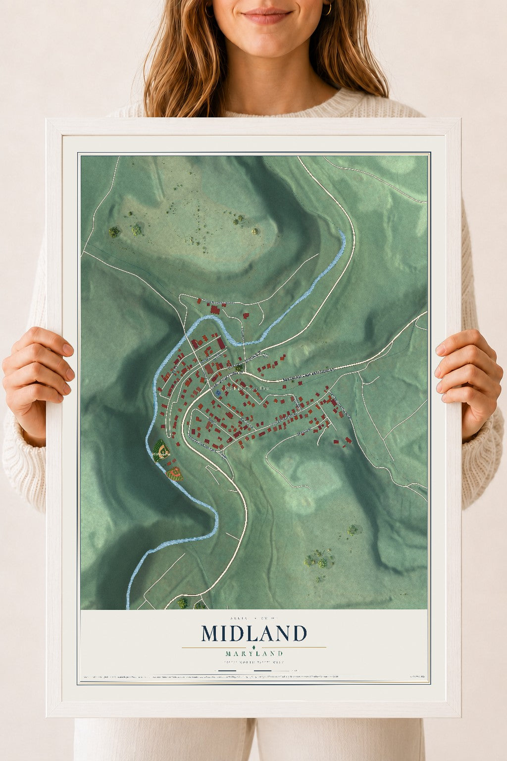 Map of Midland, Maryland, 18 x 24 inch print in a white wood frame