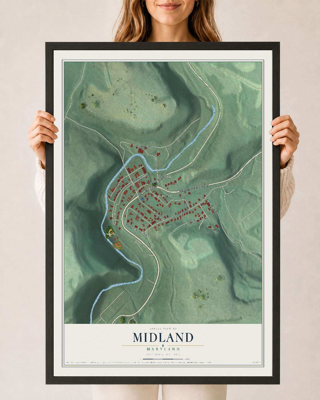 Map of Midland, Maryland, 24 x 36 inch print in a black wood frame