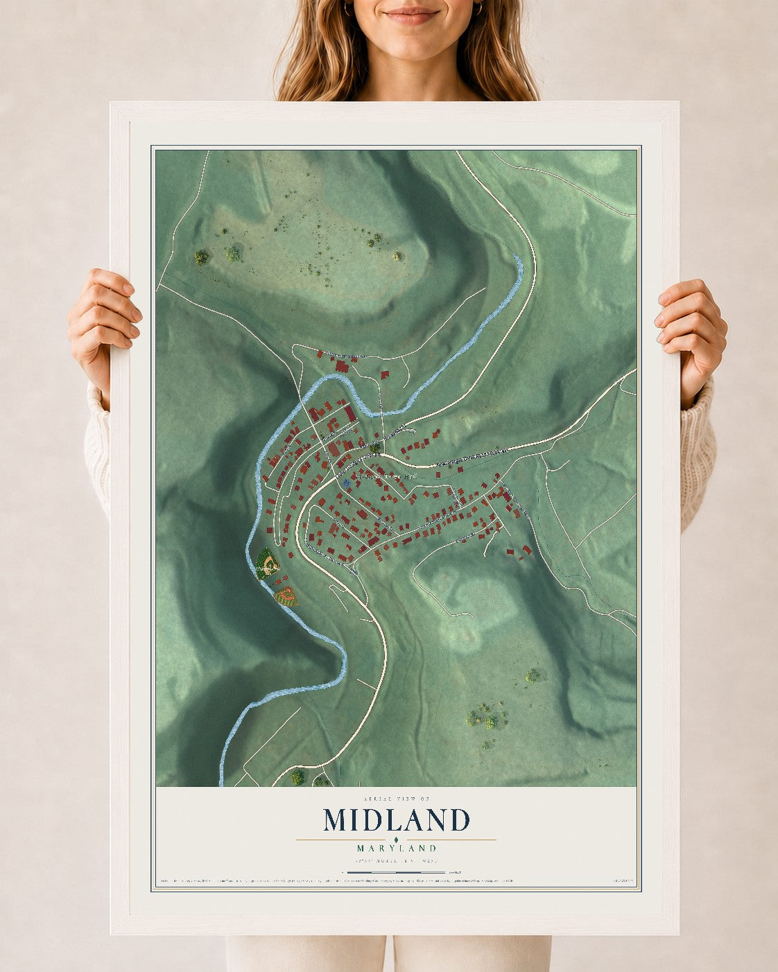Map of Midland, Maryland, 24 x 36 inch print in a white wood frame