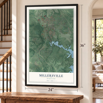 Millersville, Maryland map, 24 x 36 inch print in a black frame by a staircase