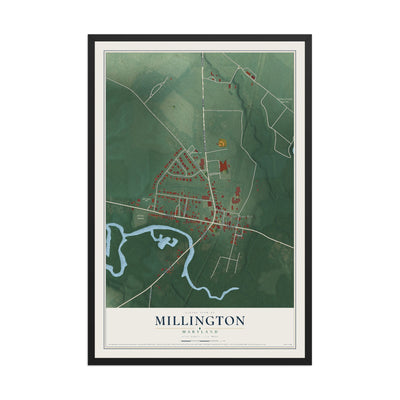 Map of Millington, Maryland, 12 x 18 inch print in a black wood frame