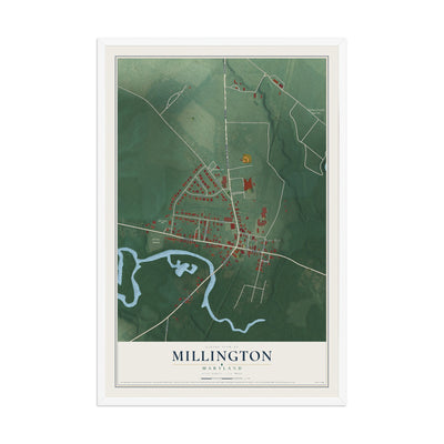 Map of Millington, Maryland, 12 x 18 inch print in a white wood frame