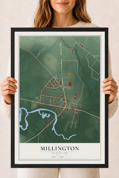 Map of Millington, Maryland, 18 x 24 inch print in a black wood frame