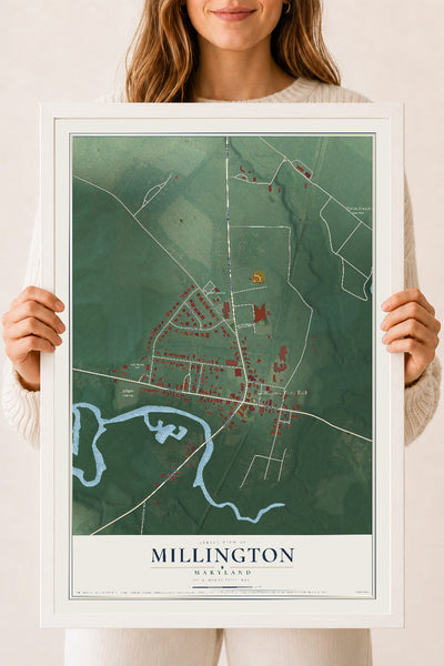Map of Millington, Maryland, 18 x 24 inch print in a white wood frame