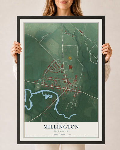 Map of Millington, Maryland, 24 x 36 inch print in a black wood frame