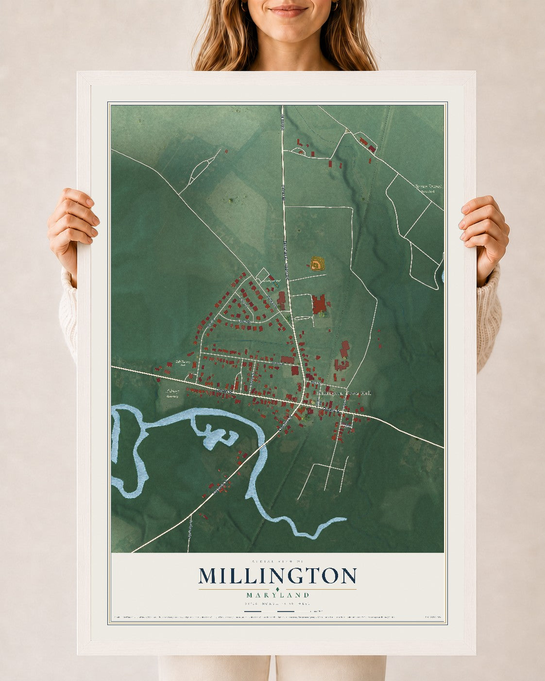 Map of Millington, Maryland, 24 x 36 inch print in a white wood frame