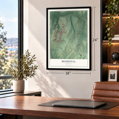 Monrovia, Maryland map, 18 x 24 inch print in a black frame in a home office