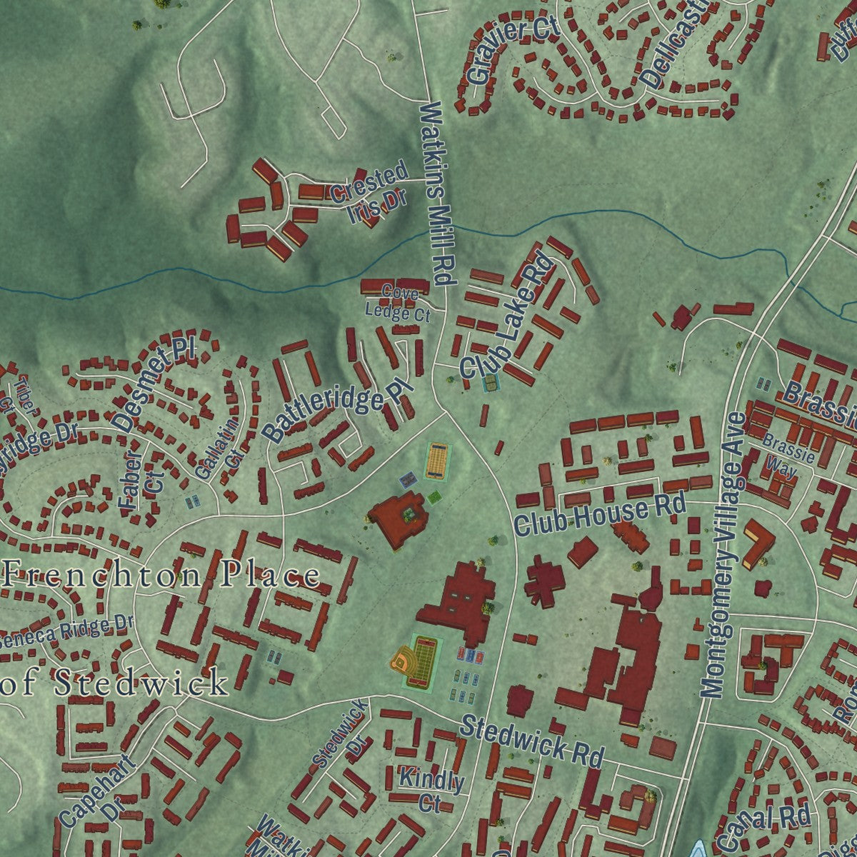 Second close-up of the map of Montgomery Village, Maryland print showing more streets and buildings