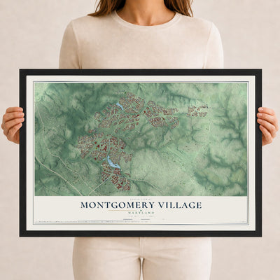 Map of Montgomery Village, Maryland, 12 x 18 inch print in a black wood frame