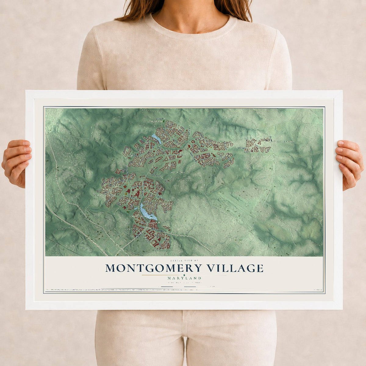 Map of Montgomery Village, Maryland, 12 x 18 inch print in a white wood frame