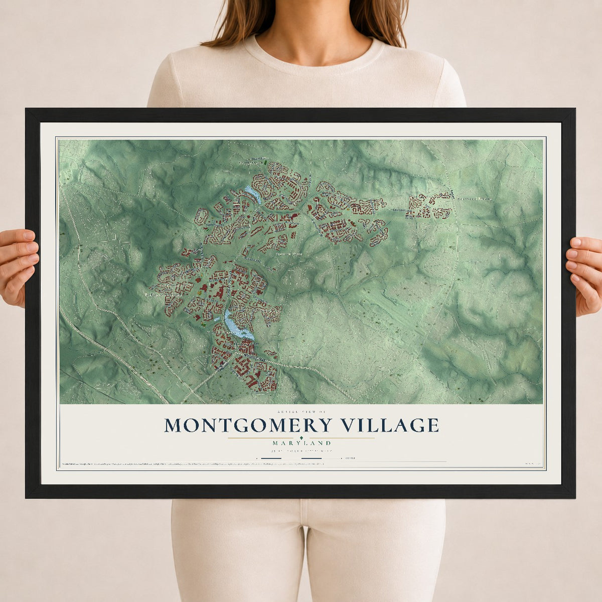 Map of Montgomery Village, Maryland, 18 x 24 inch print in a black wood frame