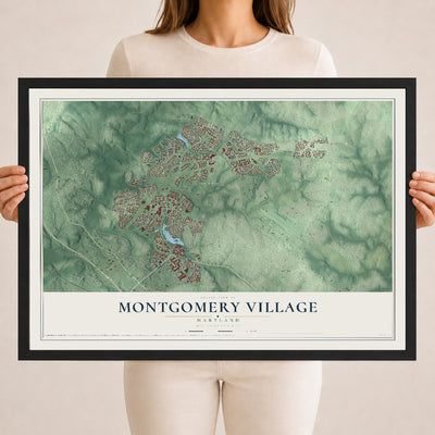 Map of Montgomery Village, Maryland, 18 x 24 inch print in a black wood frame