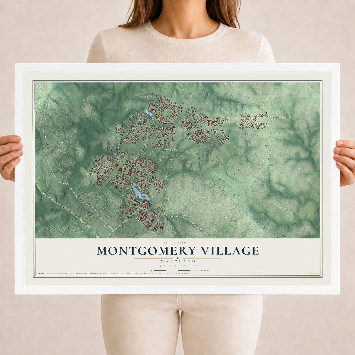 Map of Montgomery Village, Maryland, 18 x 24 inch print in a white wood frame