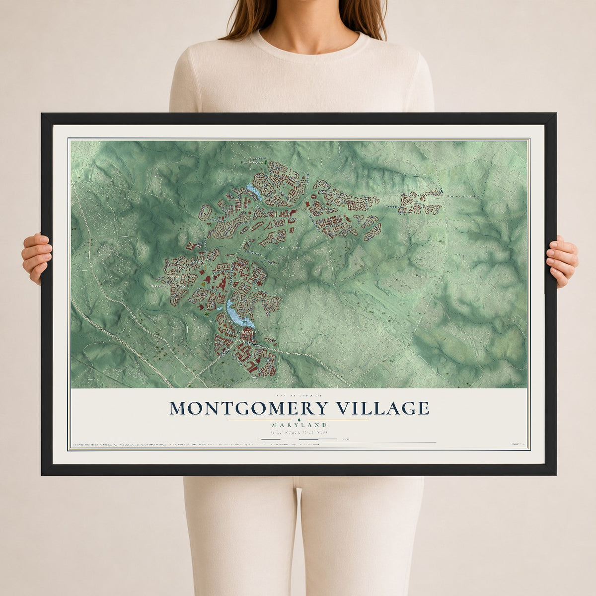 Map of Montgomery Village, Maryland, 24 x 36 inch print in a black wood frame