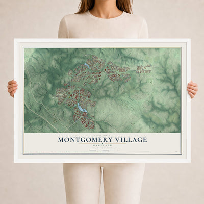Map of Montgomery Village, Maryland, 24 x 36 inch print in a white wood frame