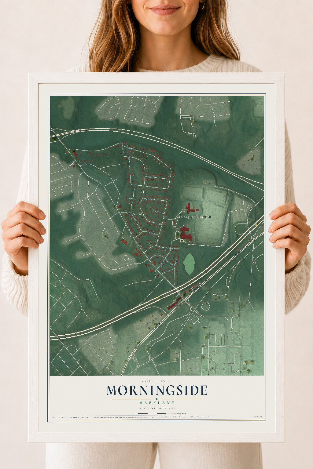 Map of Morningside, Maryland, 18 x 24 inch print in a white wood frame