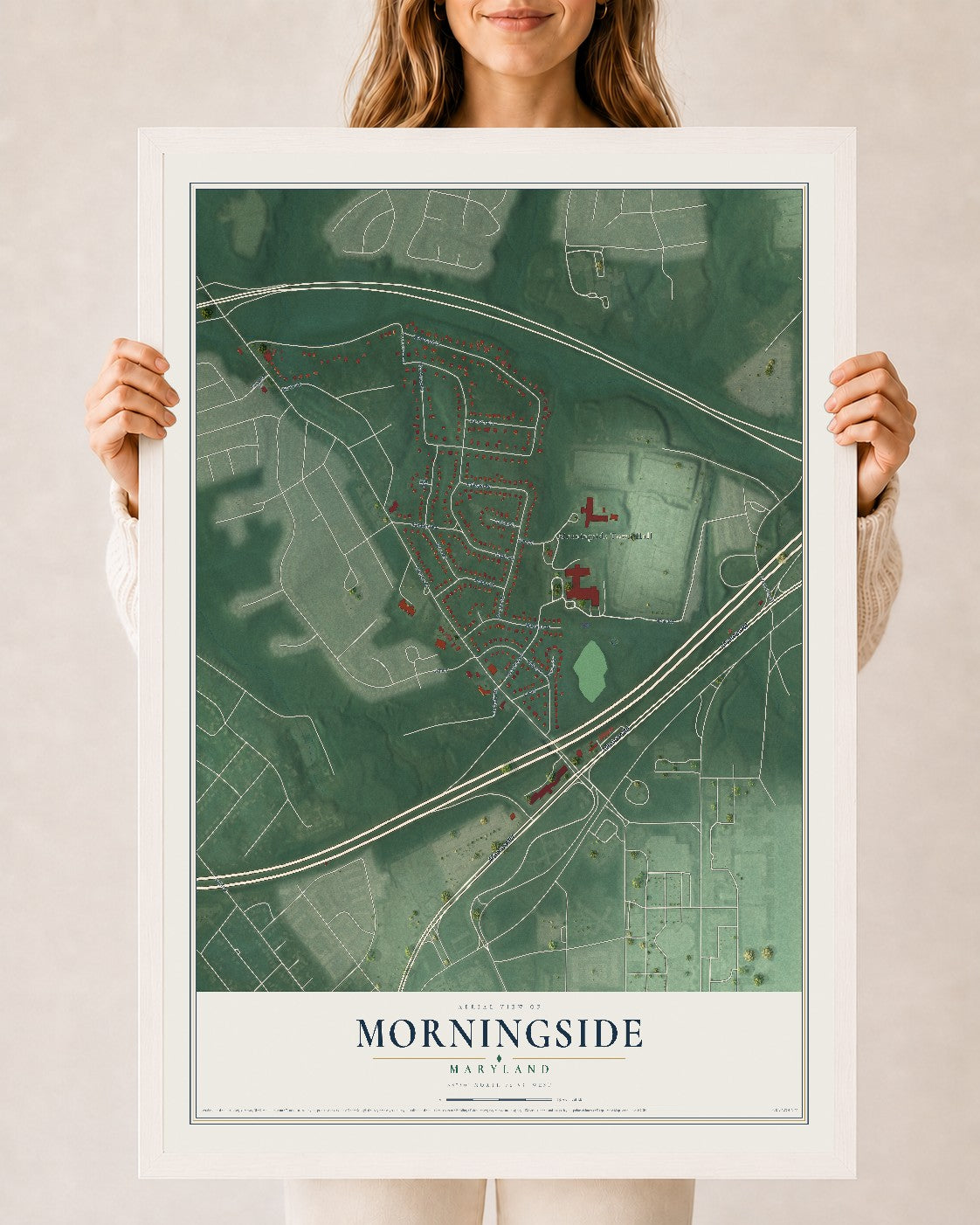 Map of Morningside, Maryland, 24 x 36 inch print in a white wood frame