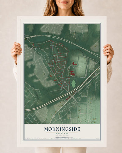 Map of Morningside, Maryland, 24 x 36 inch print in a white wood frame