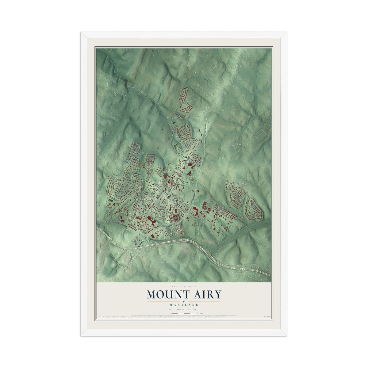Map of Mount Airy, Maryland, 12 x 18 inch print in a white wood frame