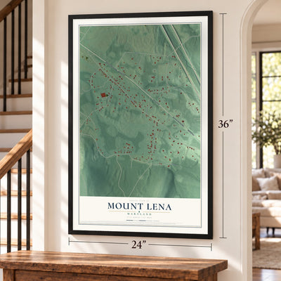 Mount Lena, Maryland map, 24 x 36 inch print in a black frame by a staircase