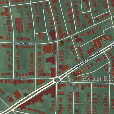 Close-up of the map of Mount Rainier, Maryland print showing street and building detail