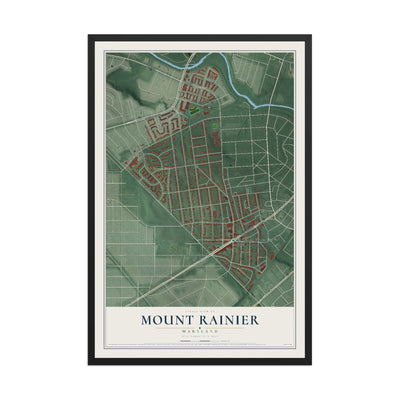 Map of Mount Rainier, Maryland, 12 x 18 inch print in a black wood frame