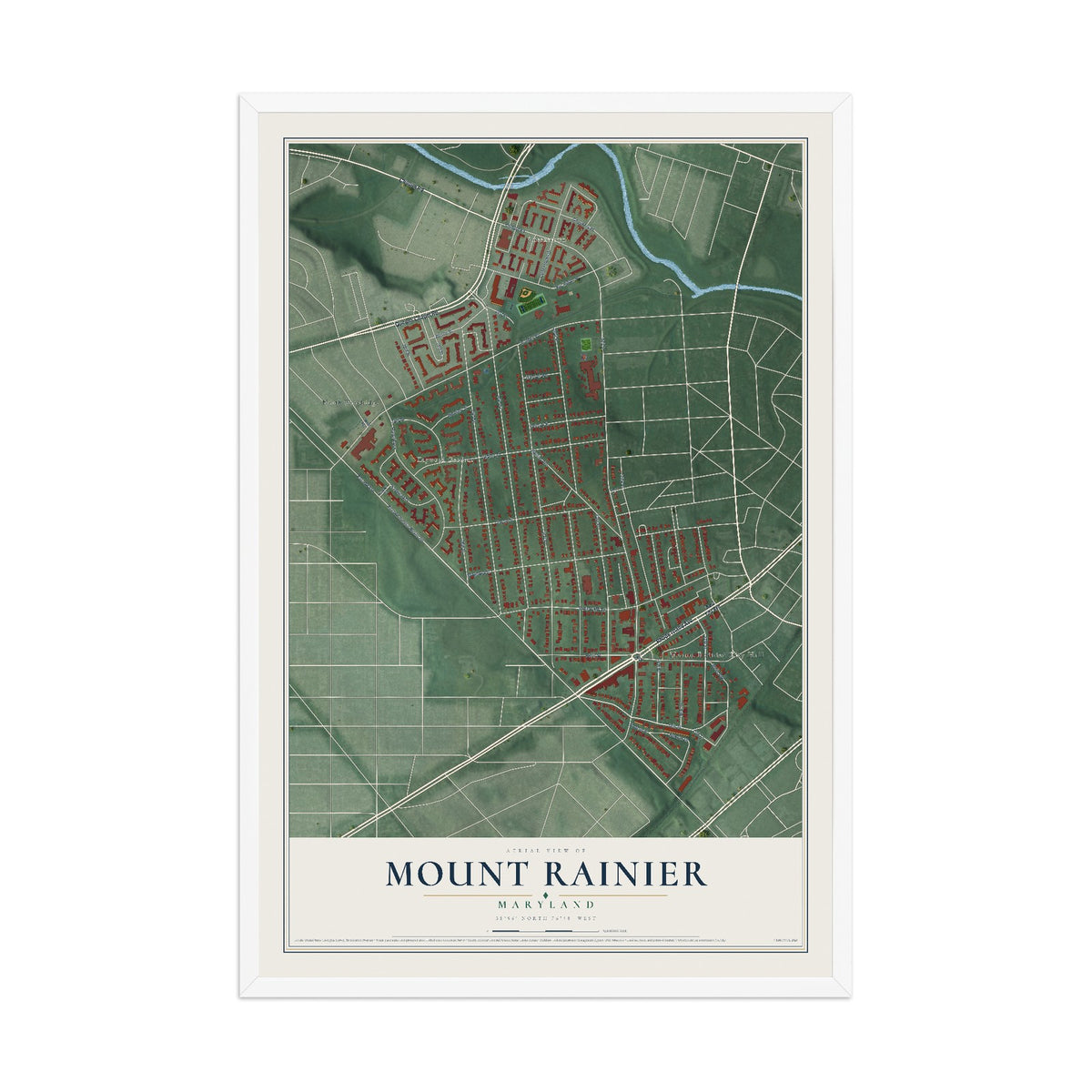 Map of Mount Rainier, Maryland, 12 x 18 inch print in a white wood frame
