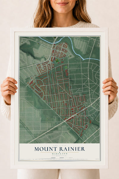 Map of Mount Rainier, Maryland, 18 x 24 inch print in a white wood frame
