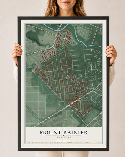 Map of Mount Rainier, Maryland, 24 x 36 inch print in a black wood frame